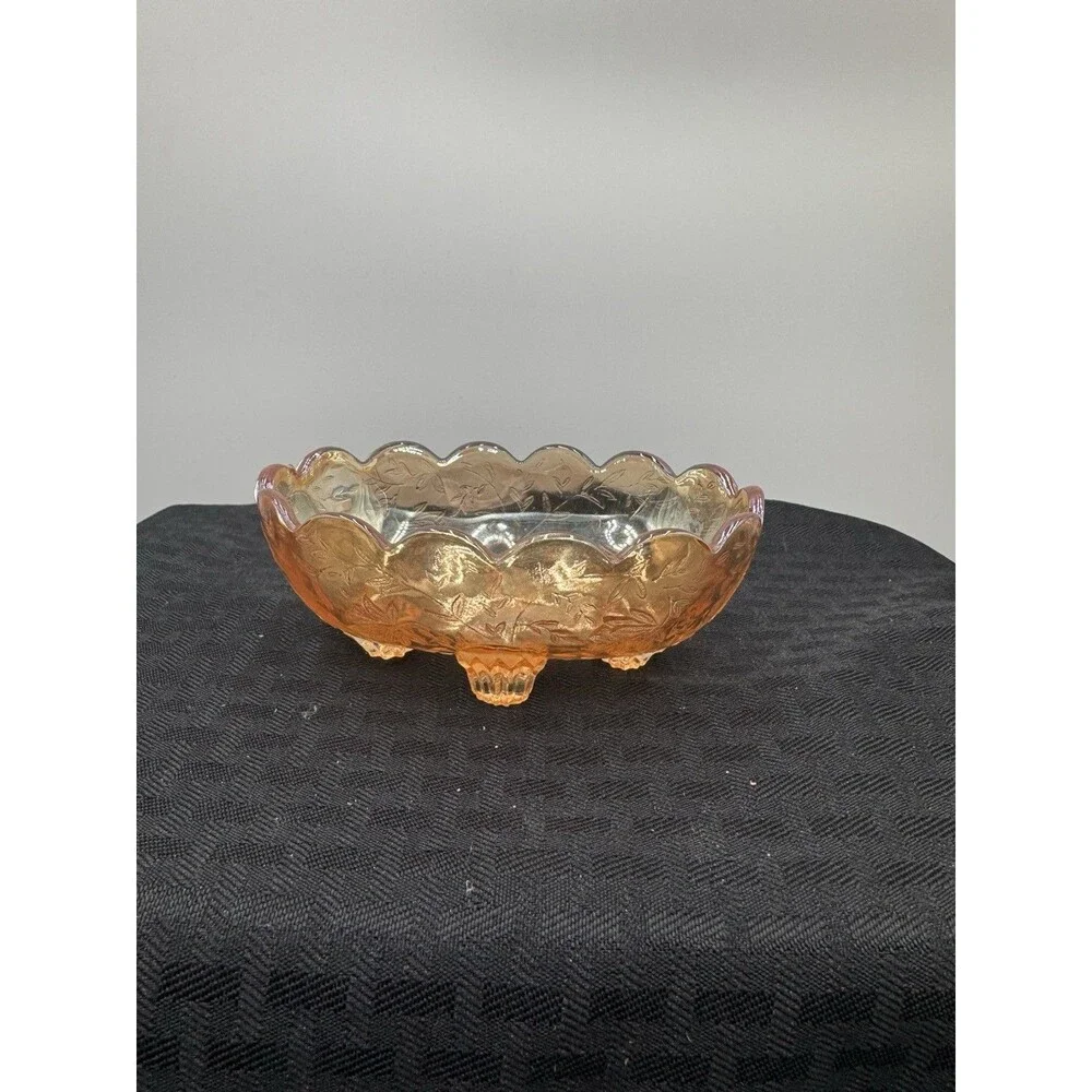 Vtg Carnival Glass Footed Oval Marigold Nut Candy Trinket Dish Bowl 5